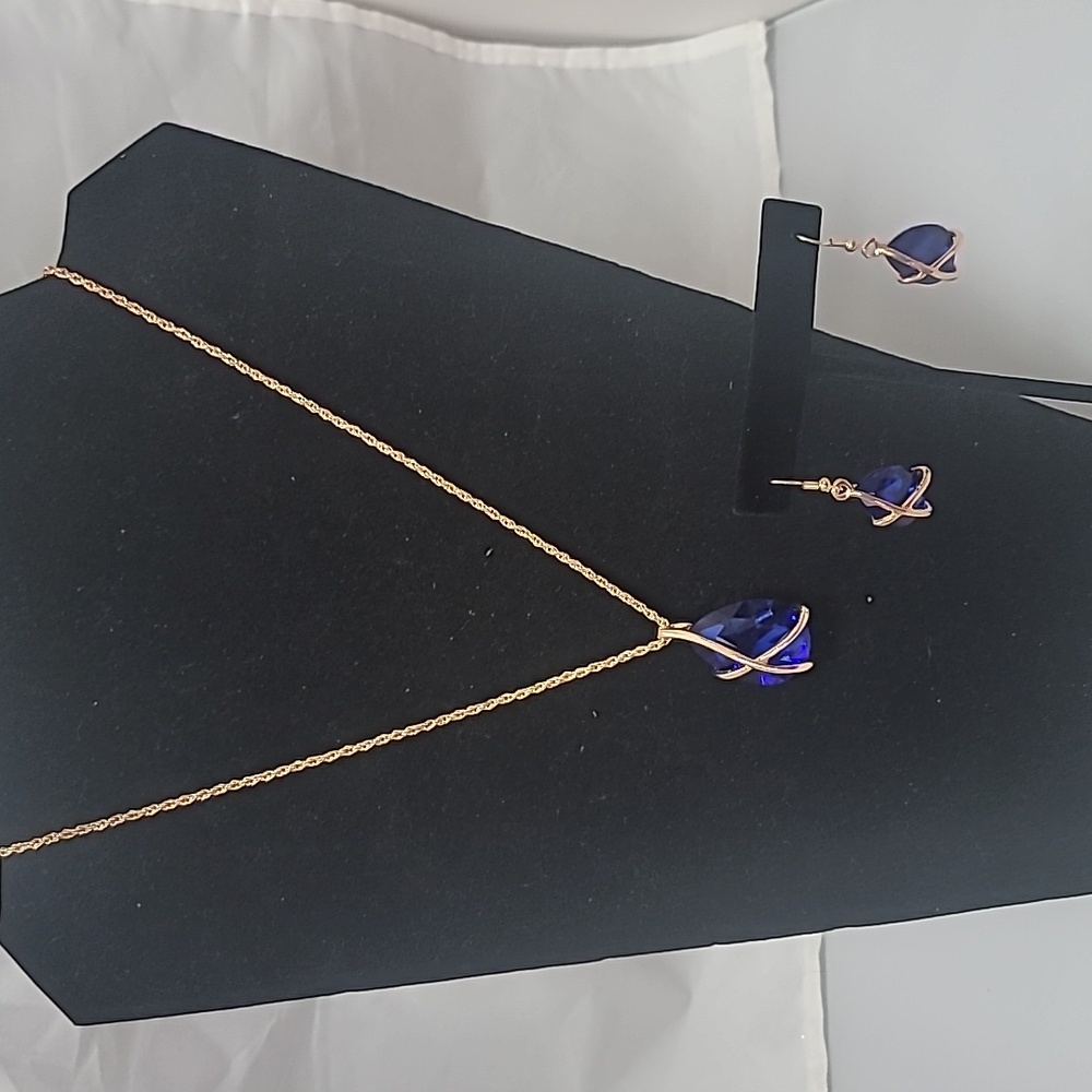 Fashion Blue Teardrop Pendant Necklace & Earring Set - Alloy & Titanium Steel - Picture 5 of 13